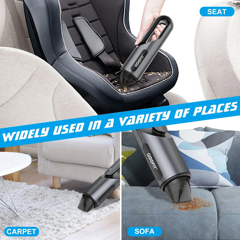 Black portable wireless car vacuum cleaner with brush attachment on vehicle seat