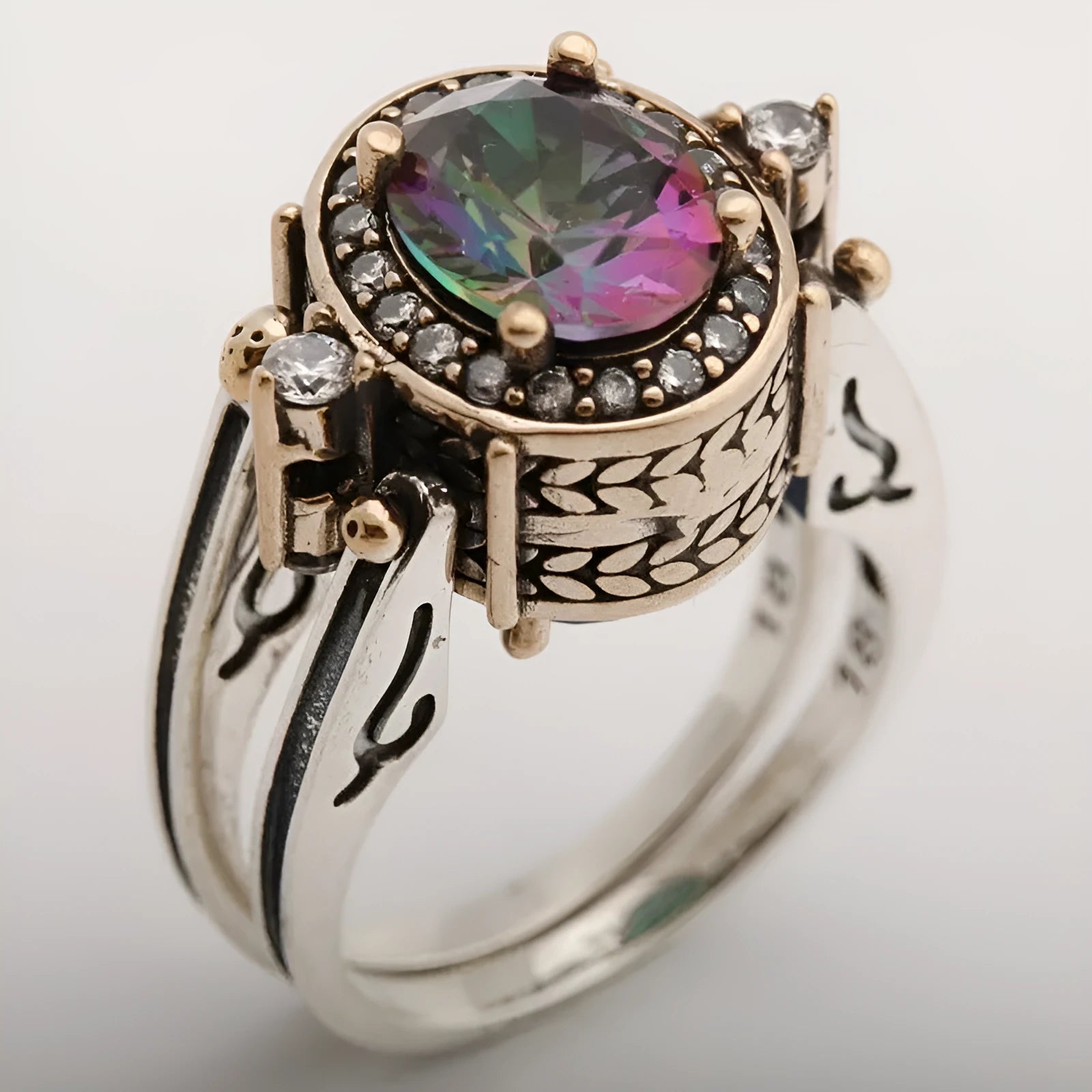 925 Silver Bi-color geometric alloy ring in white finish on white background