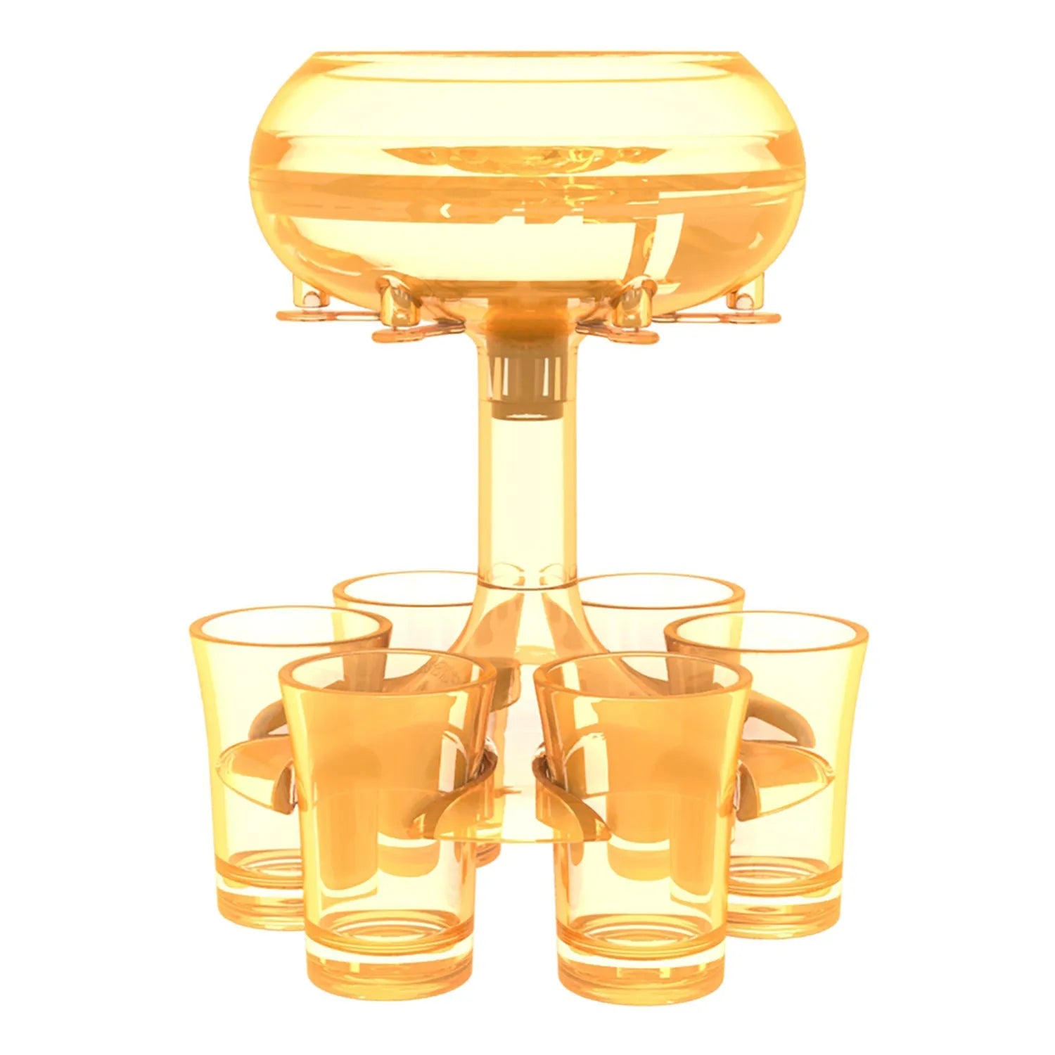 Clear PMMA 6-shot glass dispenser holder with rack and six cups on a table.
