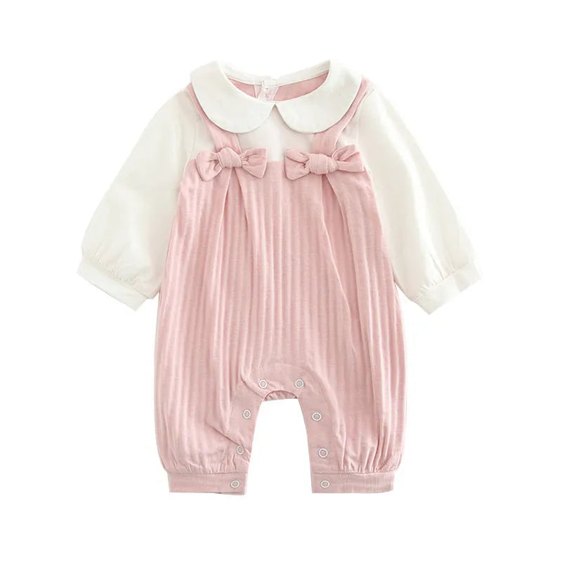 Pink long sleeve cotton baby jumpsuit with single-breasted front closure for a girl.
