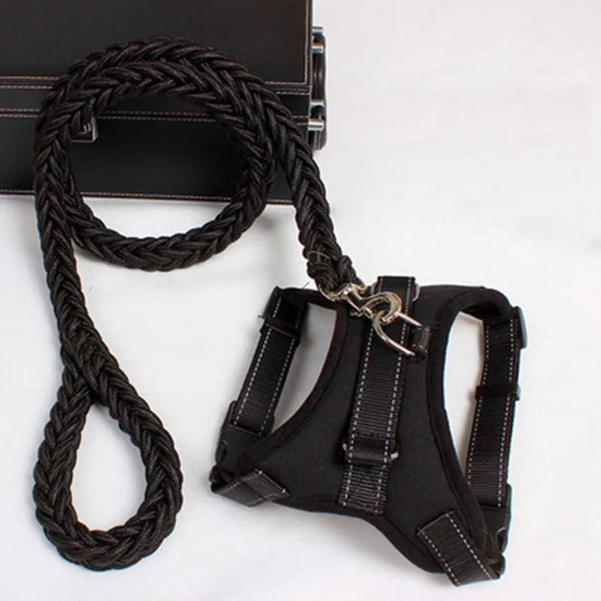 Dog leash chest strap saddle design in black with strong nylon and breathable mesh