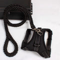 Dog leash chest strap saddle design in black with strong nylon and breathable mesh