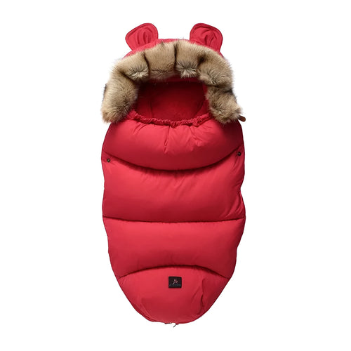 Convertible baby sleeping bag cocoon in a pram, showing cotton blend fabric and flannel lining.