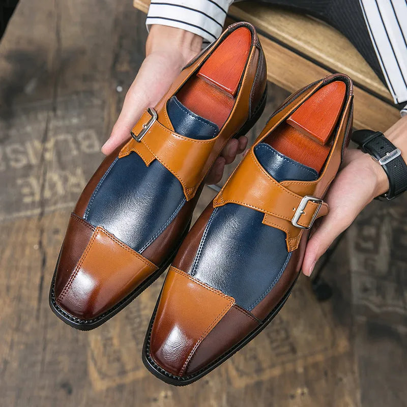 Men's brown blue and black retro buckle leather shoes with tall crown microfiber upper