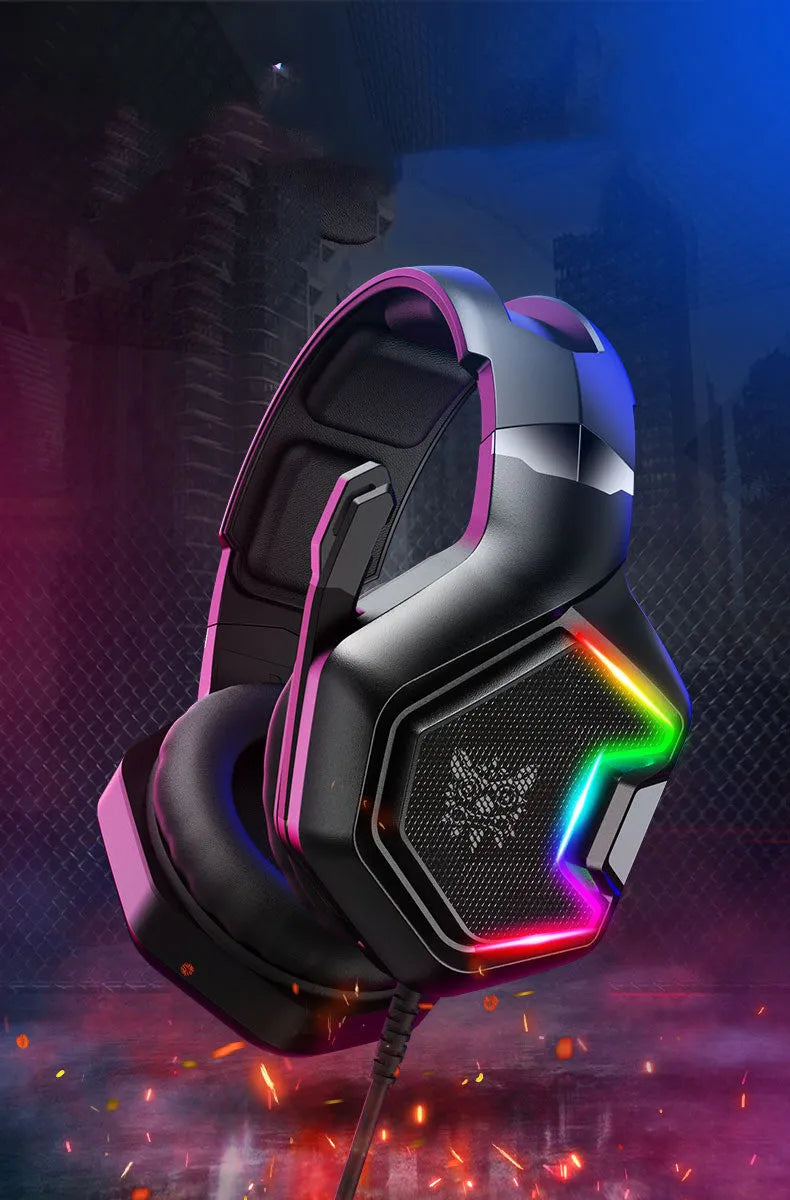 Black wired gaming headset with imitation protein leather earmuffs and 3.5mm plug on headset stand