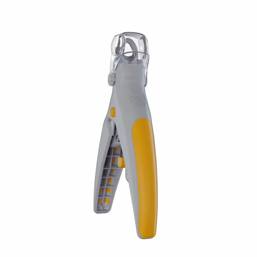 Yellow and grey pet nail clipper with LED light and magnifying glass, 14 cm long