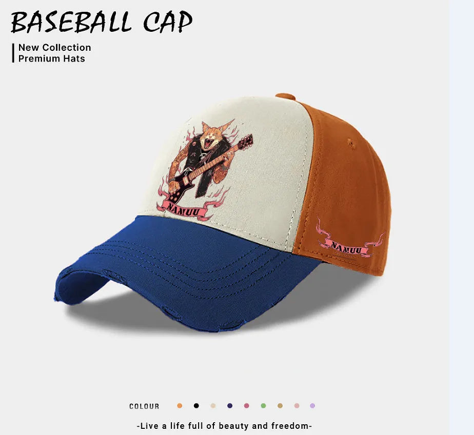 Men's European and American style casual baseball cap in beige, black, and blue, made from polyester