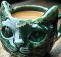 Purple geode crystal cat design resin mug for drinks on a wooden table.