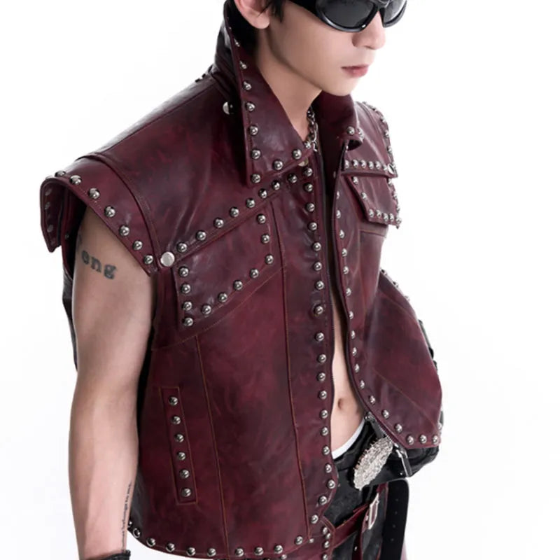 Red leather rivets vest coat with lapel collar and matching pants, Korean-style heavy industry design for men
