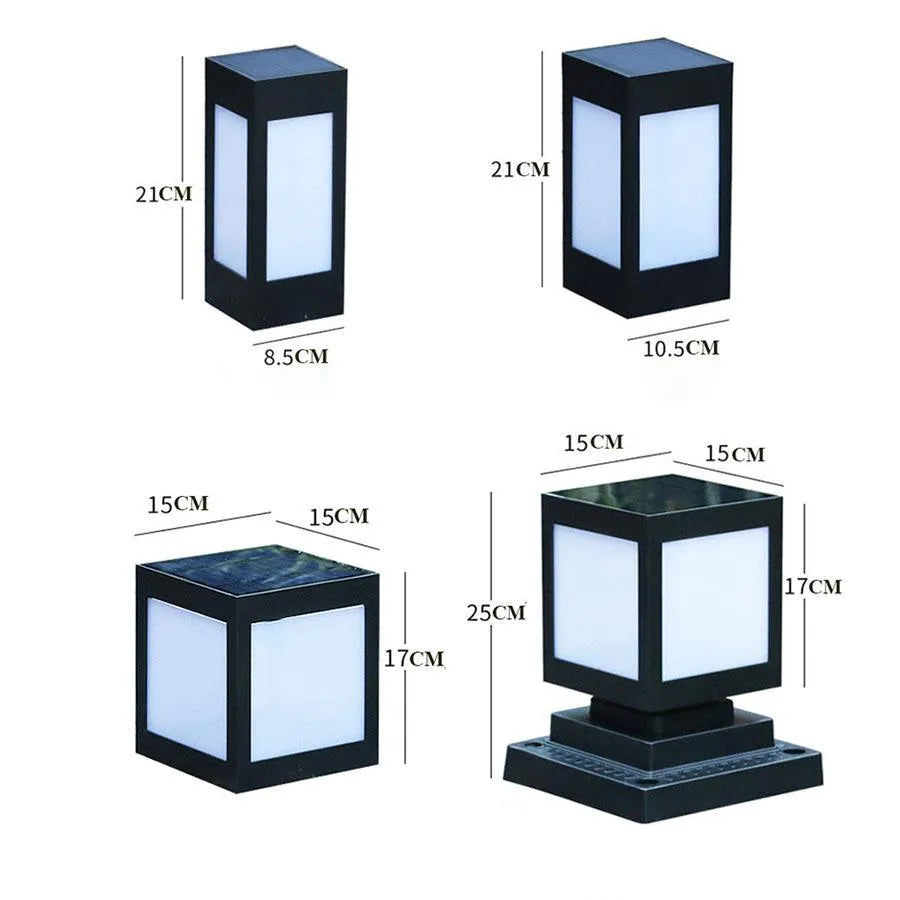 A set of waterproof solar-powered garden lights installed along a lawn edge and wall.