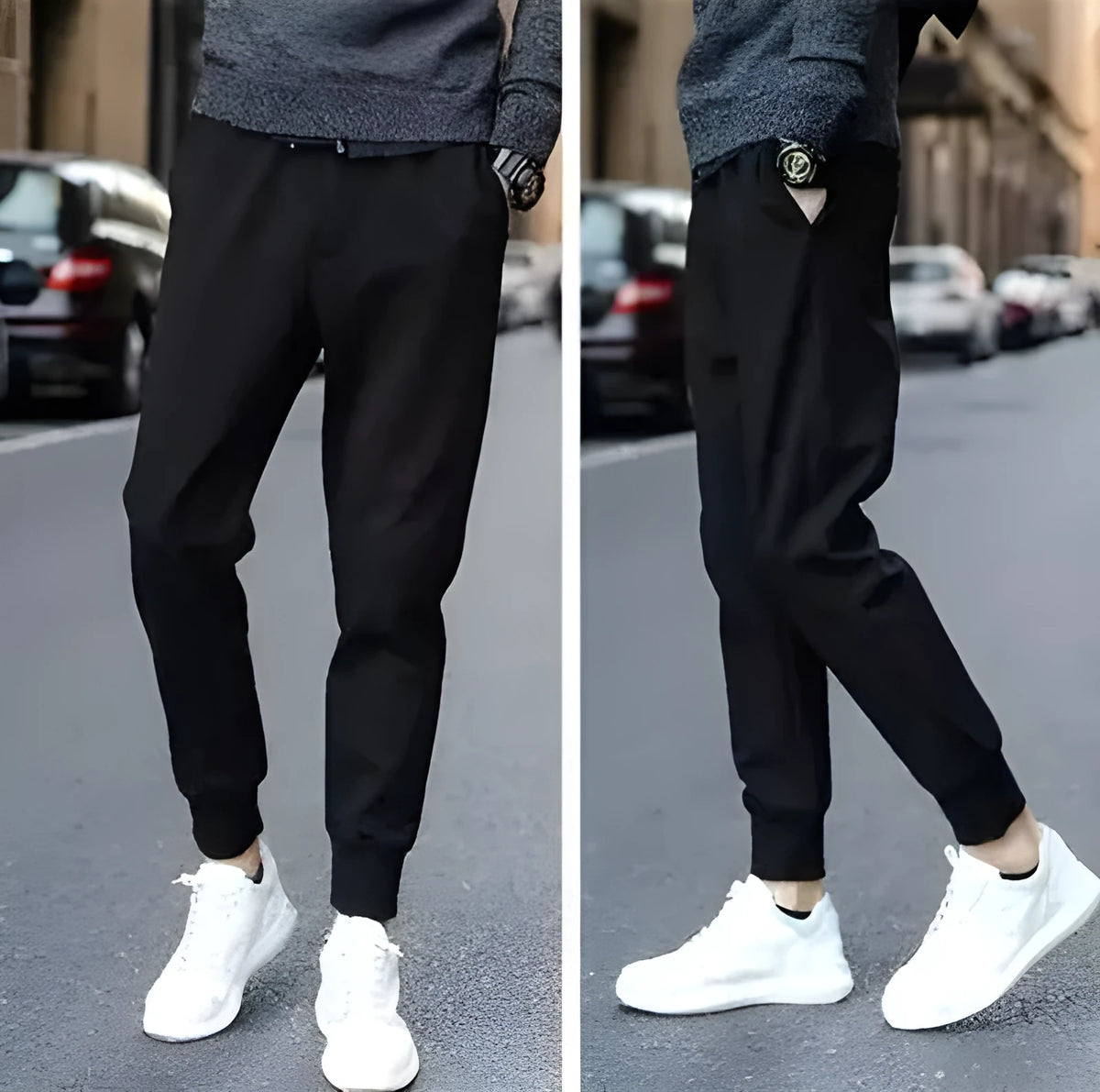 Black casual sports trousers with straight leg and mid waist, Korean style