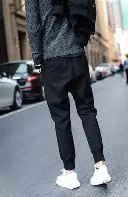Black casual sports trousers with straight leg and mid waist, Korean style