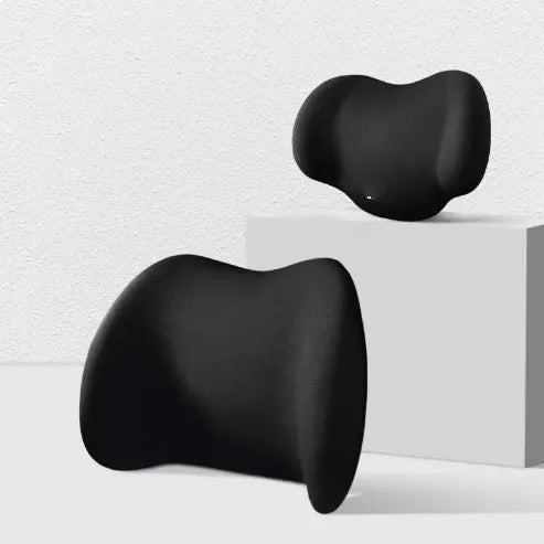 Car headrest, neck support, and waist cushion set made from memory cotton foam in black, green, grey, or pink.
