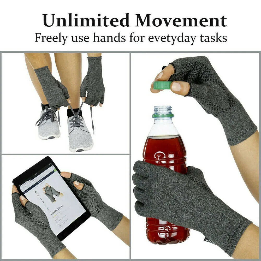 Gray half finger joint compression gloves on a plain background showing anti-slip knit texture