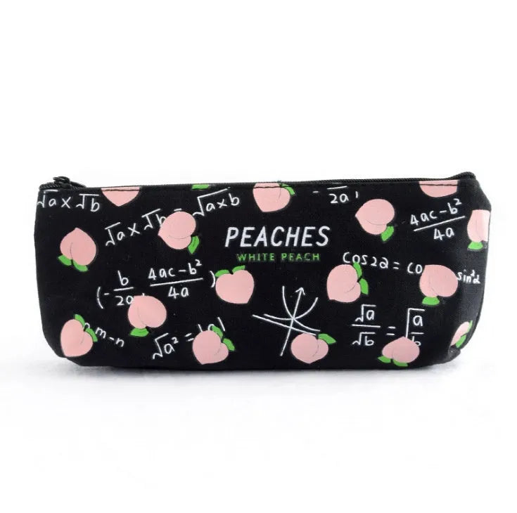 Rectangular canvas pen bag in peach print pattern, 20 by 8.5 centimetres, on a flat surface.