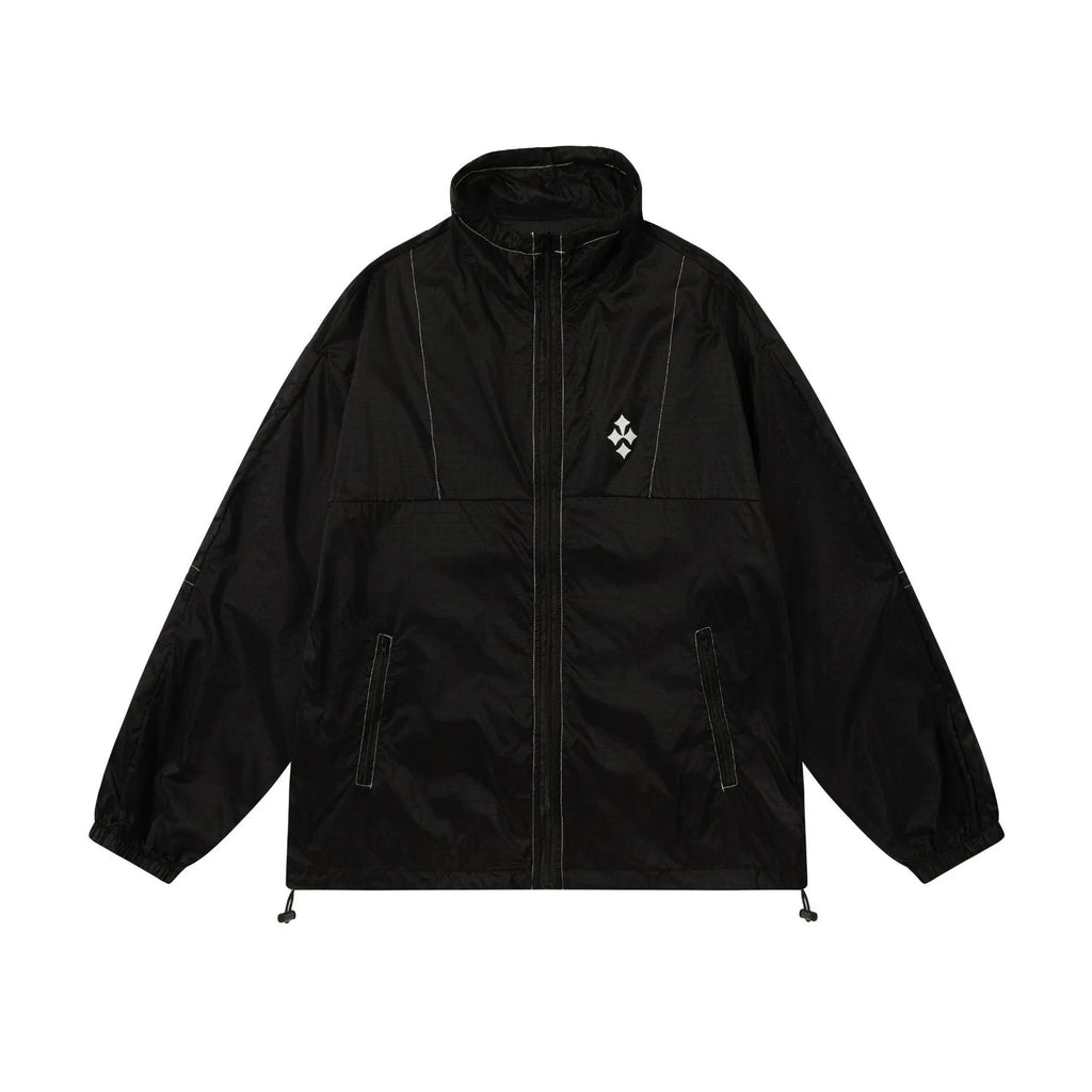 Men's thin loose sun protection jacket in black nylon fabric with pockets, worn casually outdoors