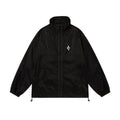 Men's thin loose sun protection jacket in black nylon fabric with pockets, worn casually outdoors
