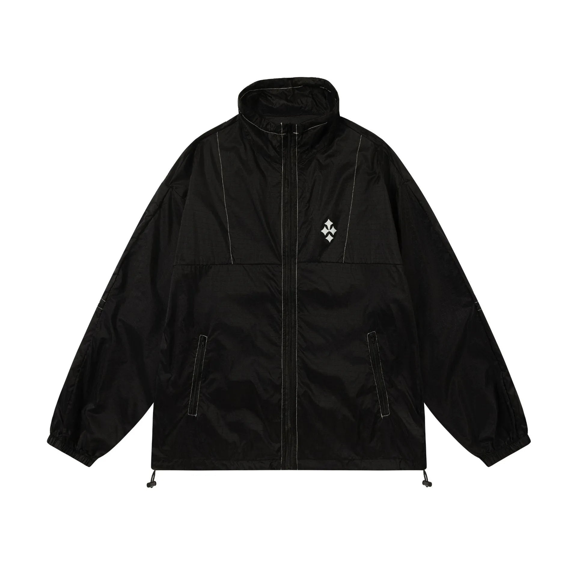 Men's thin loose sun protection jacket in black nylon fabric with pockets, worn casually outdoors