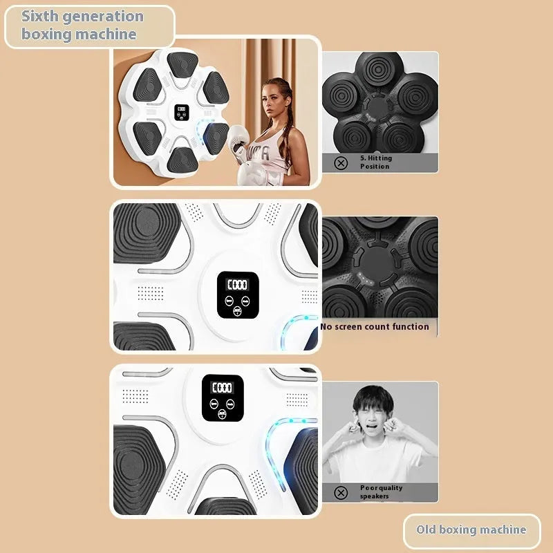 Smart electronic music boxing reaction training target wall unit with gloves, shown in white finish.