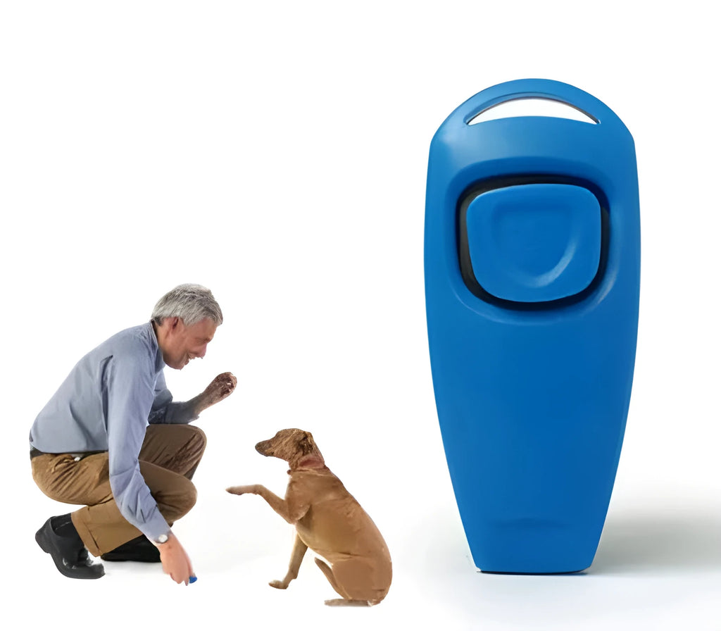Plastic two-in-one pet ring and whistle dog training tool in black on white background