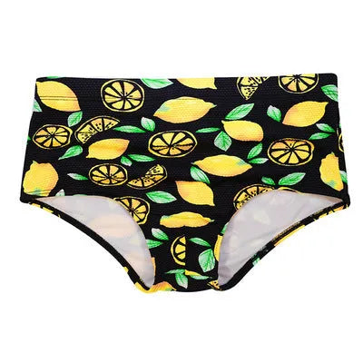 Men's spandex swim boxer briefs in photo colour, close-fitting design for beach or pool.
