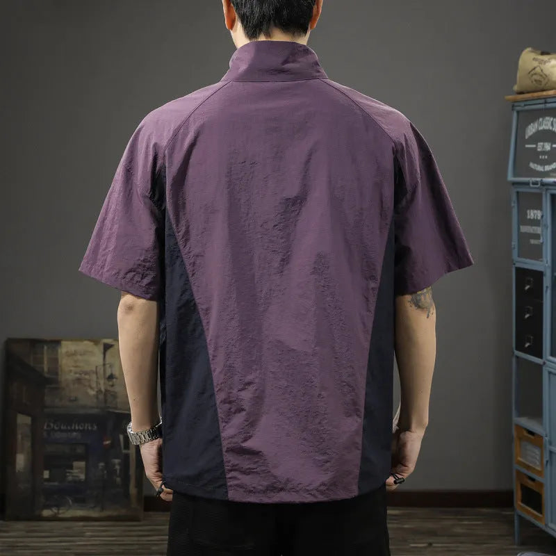 Brown men's half-zip casual shirt with stand collar and short sleeves showing ice silk fabric texture
