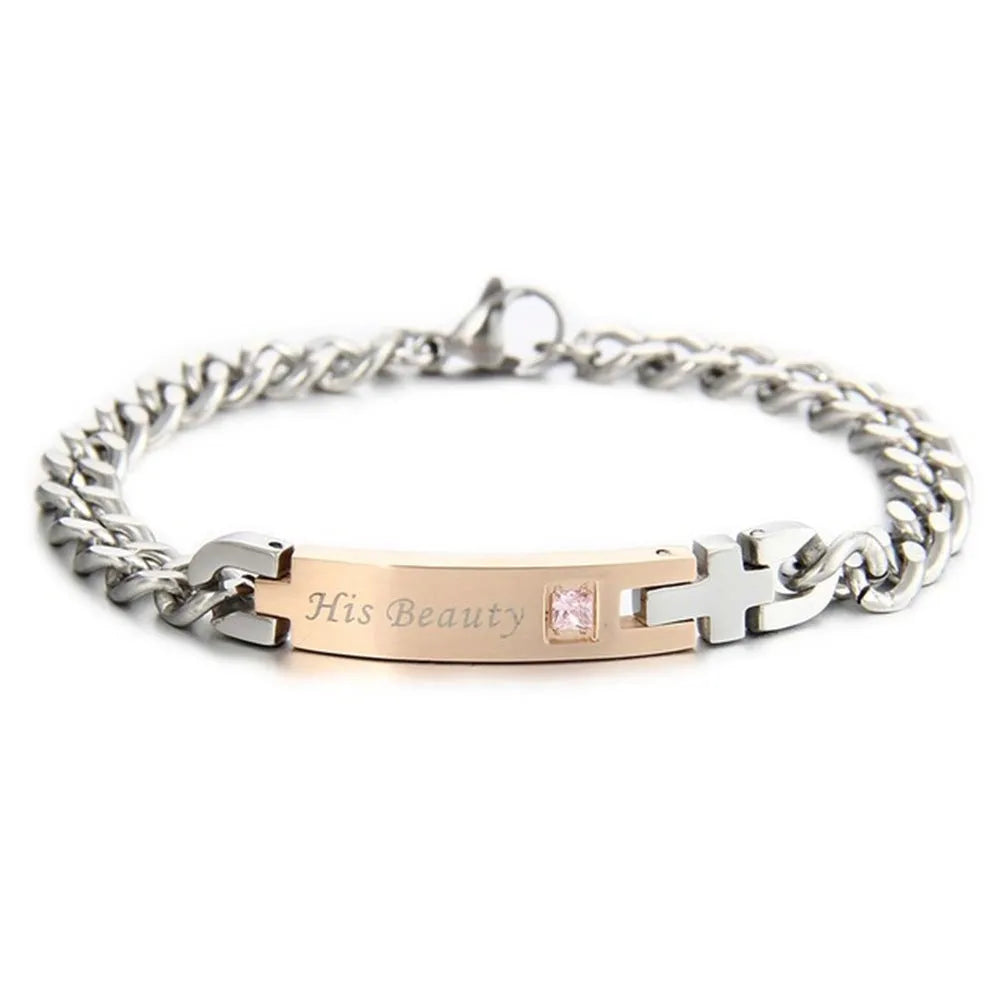 Gold and black couple bracelets in stainless steel with geometric design and adjustable chain lengths