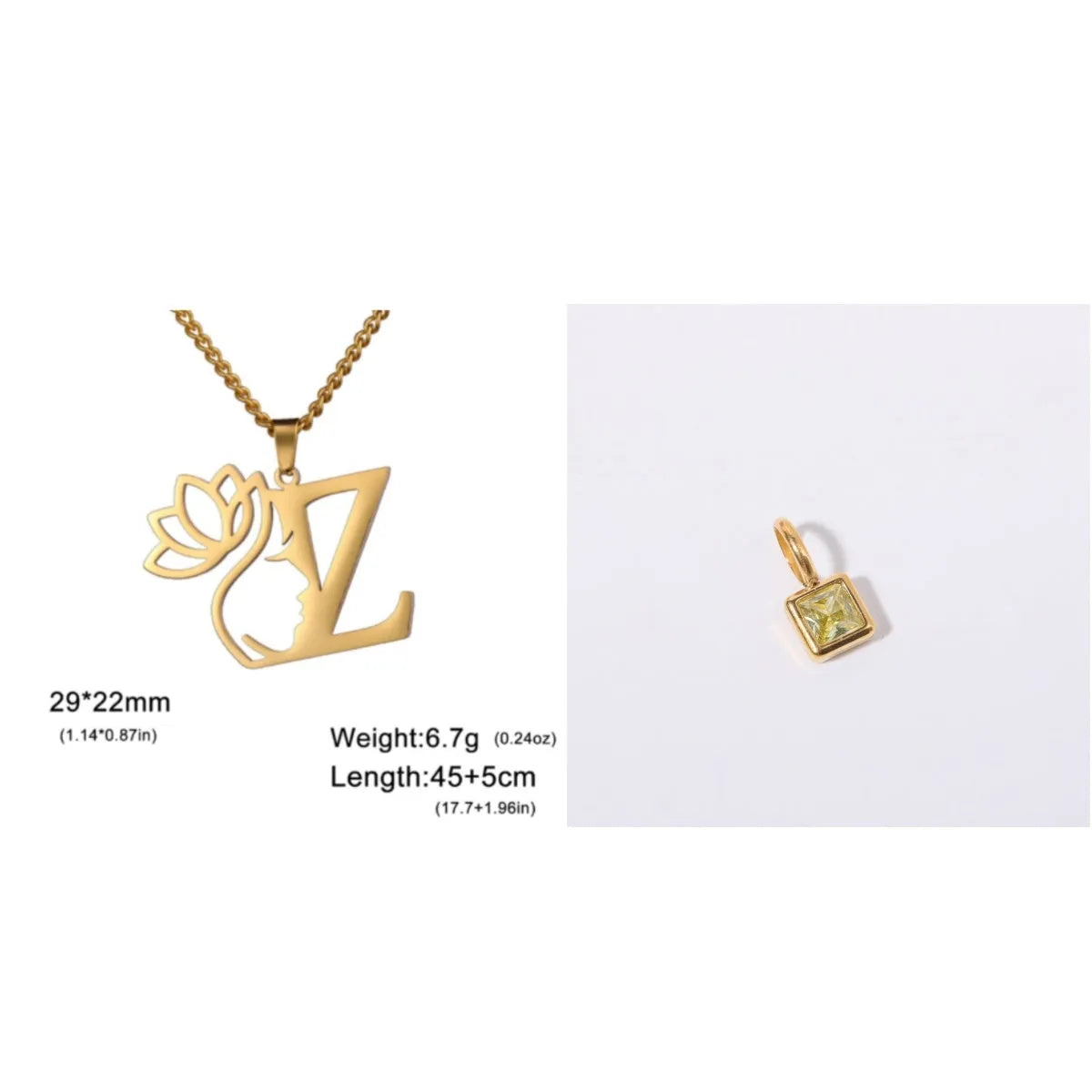 Stainless steel necklace with cross chain and a single initial pendant in a gold or silver finish.