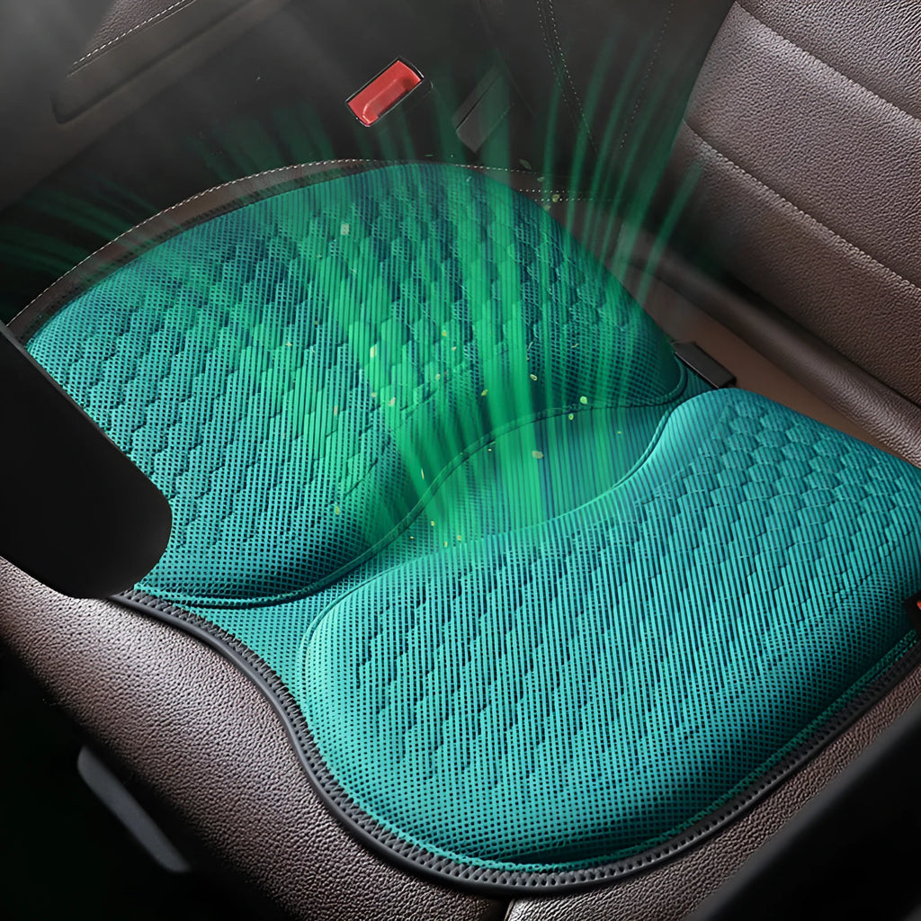 Honeycomb pattern gel car seat cushion in available colours showing cooling design for driving comfort