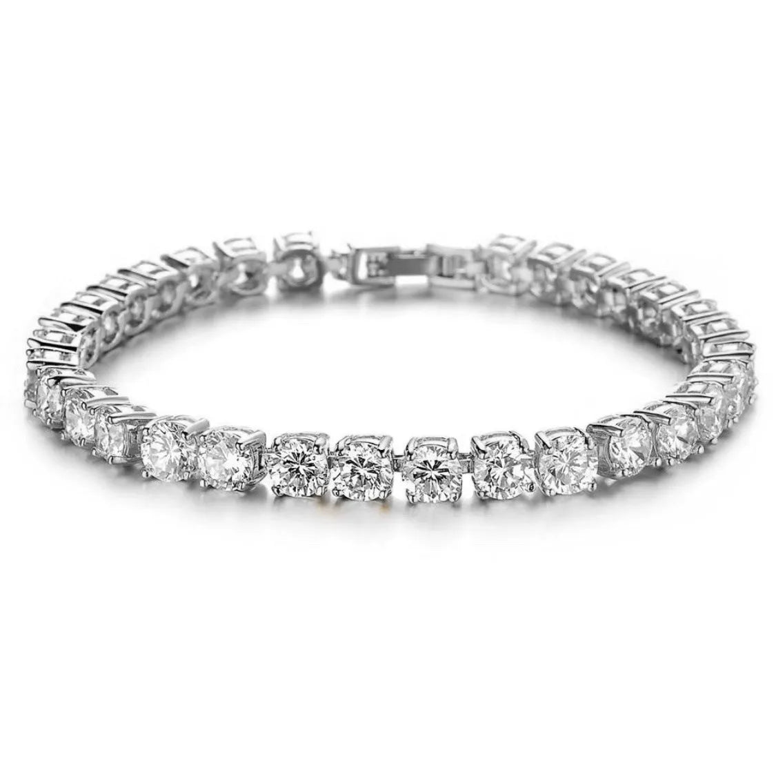 Men's silver hip hop bracelet with single row of rhinestones and geometric chain design
