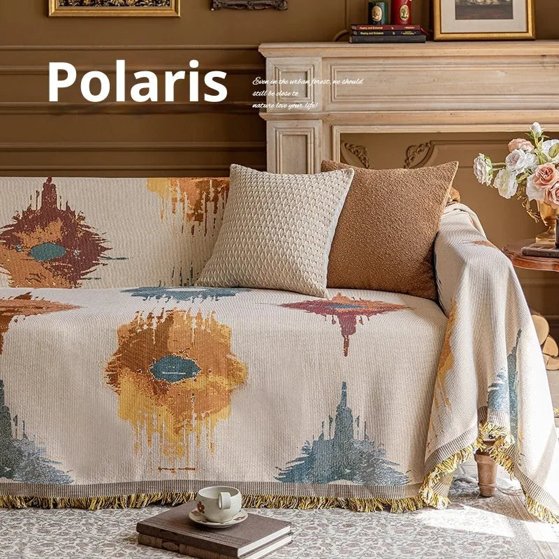 Oil painting cotton braided sofa slipcover with geometric pattern on a beige sofa, vintage colours, full coverage design