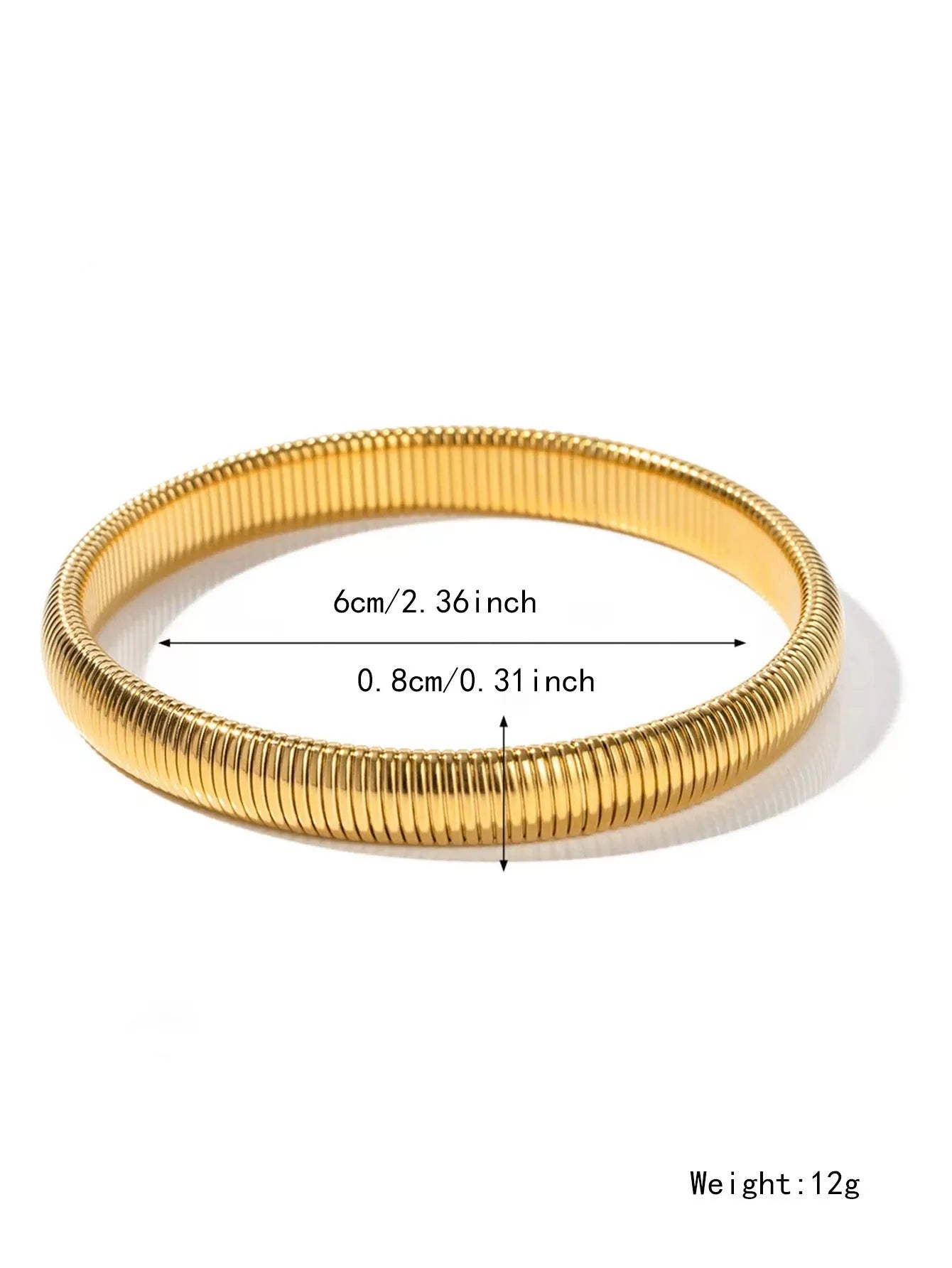 Women's titanium steel bracelet with vertical stripes, shown in gold and silver colours with ring elastic closure.
