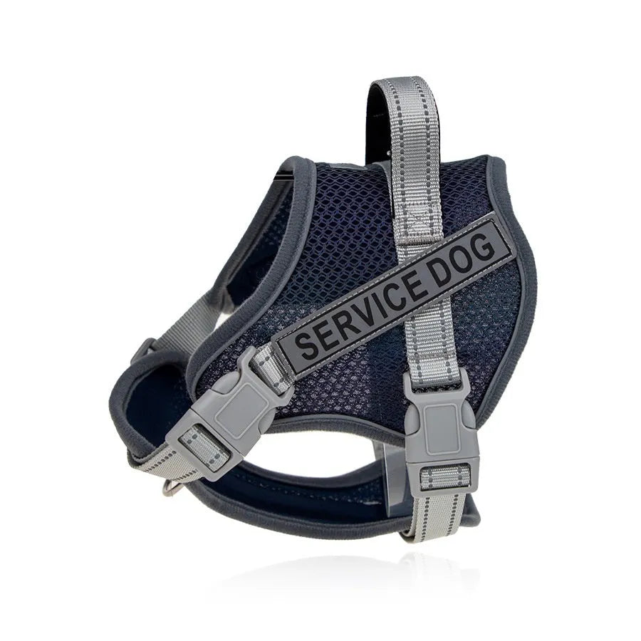 Colourful reflective dog harness with anti-strangulation design in camouflage pattern.
