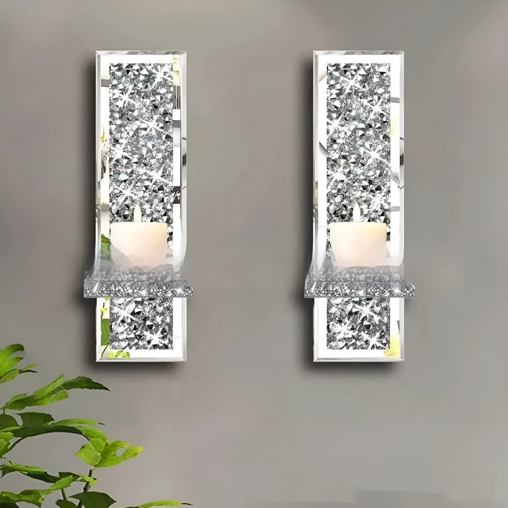 Pair of silver mirror glass wall candlestick holders measuring 10x11x38cm