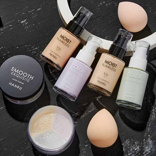 4-piece makeup set with liquid foundation, isolating milk, loose powder, and beauty egg sponge in ivory and green isolation colour option