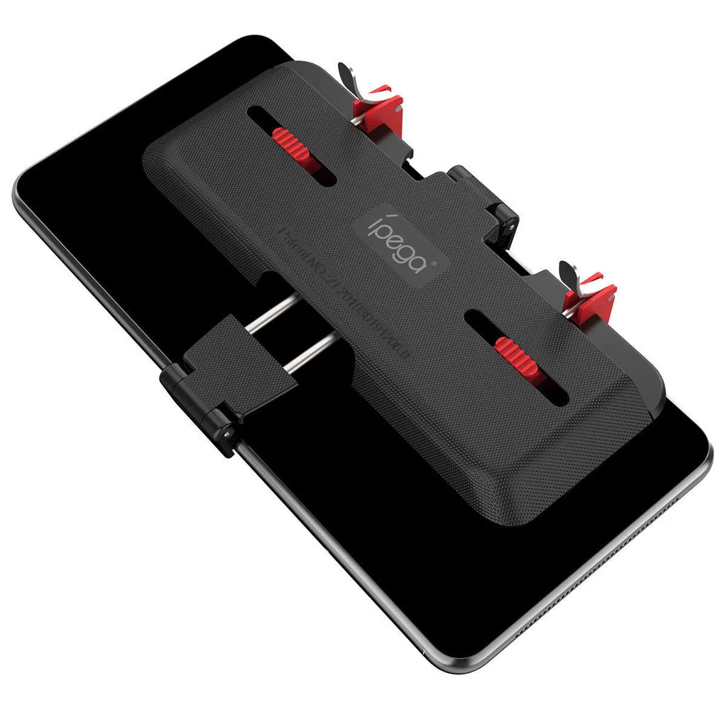 Black PG-9137 mobile phone gaming trigger bracket with adjustable metal trigger and telescopic phone clip.