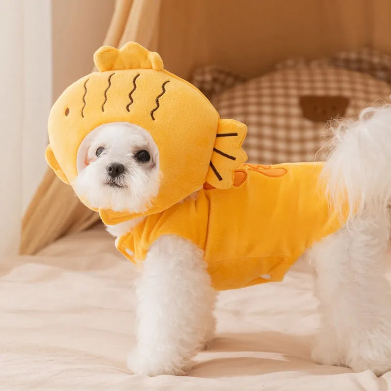 Yellow onsen fish pet costume with fish-shaped hat and vest on a dog with leash ring