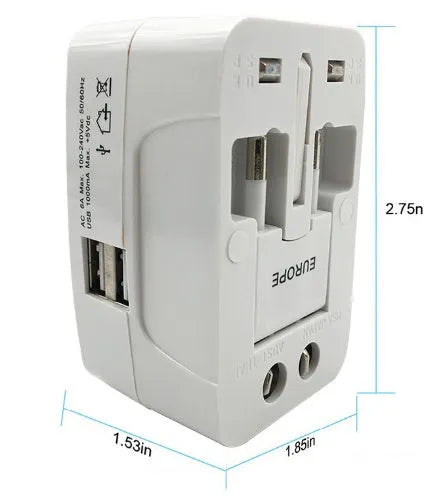 Universal travel plug adapter for international use measuring 73x50x39mm with multi-country compatibility