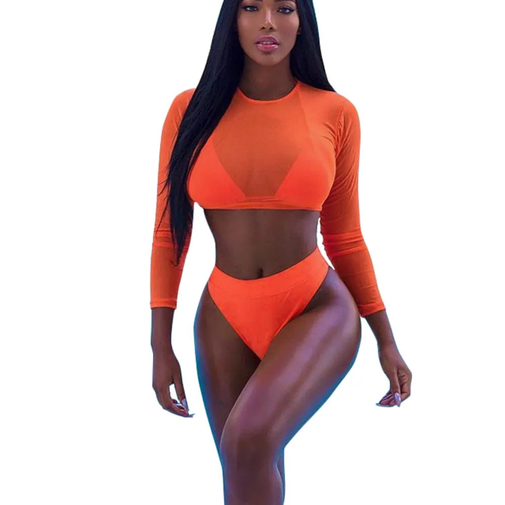 Women's orange solid high waist see-through bikini set with wire-free top and removable pads