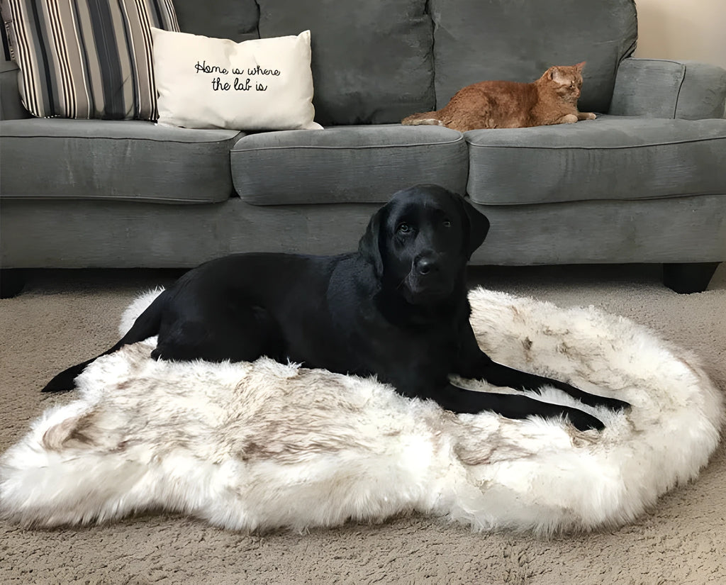 Beige plush pet dog mat for large dogs up to 45kg on a wooden floor
