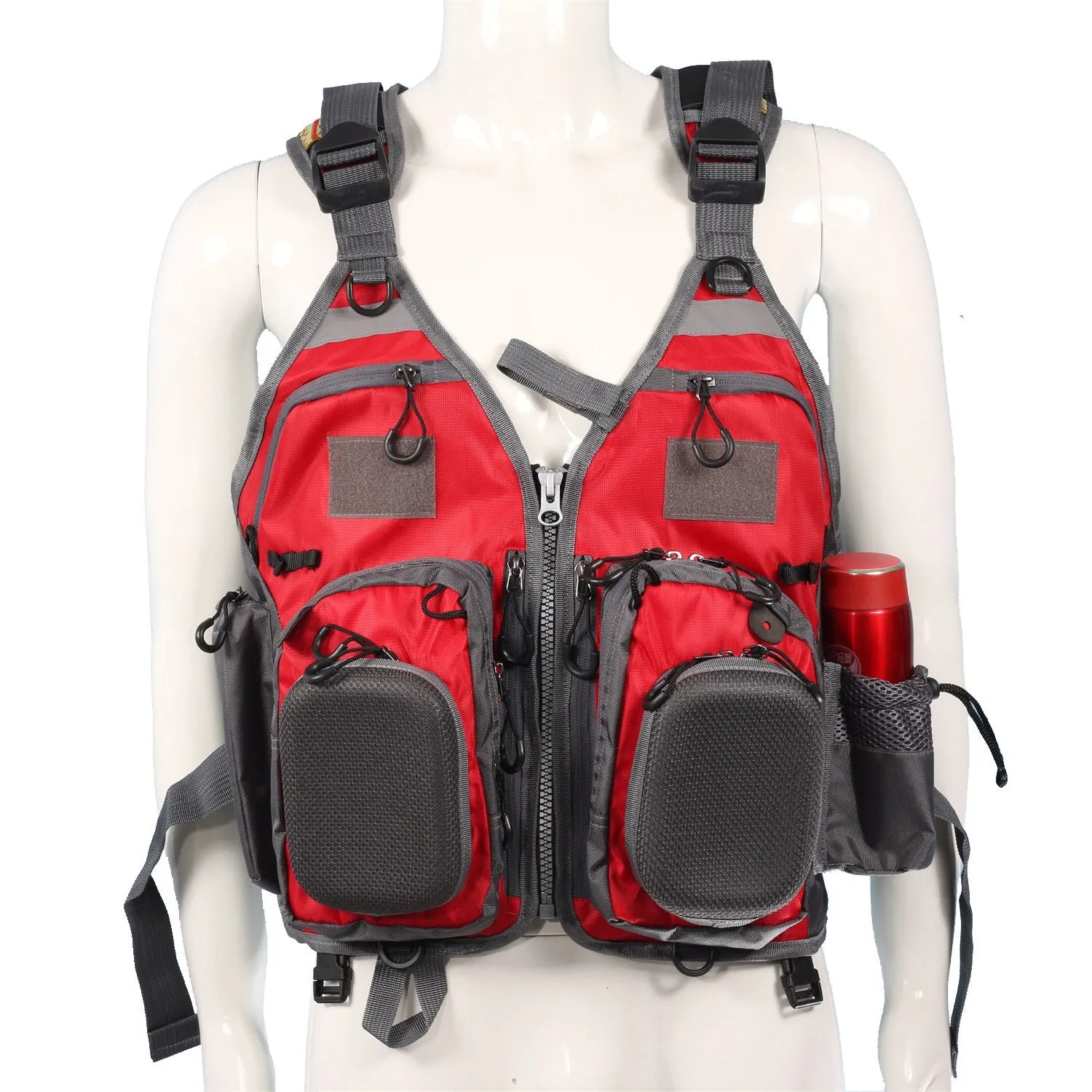 Grey fishing life jacket with chest pockets, reflective strips, and adjustable buckle straps