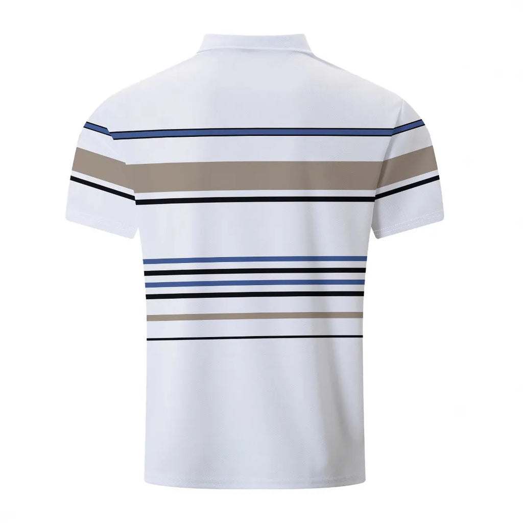 White striped men's short sleeve T-shirt on hanger showing slim fit styling