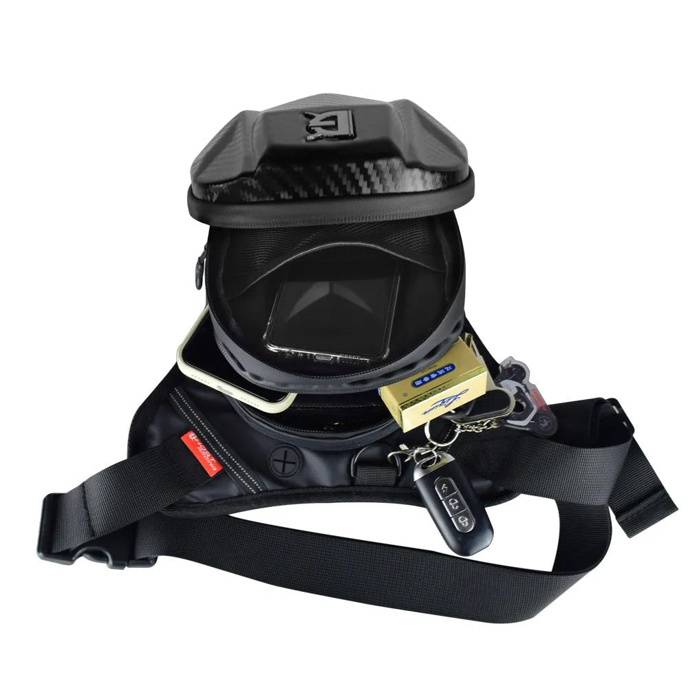 Devil Race Motorcycle Leg Bag in black, 4L capacity, polyester Oxford cloth with PC shell, 28x25x10cm