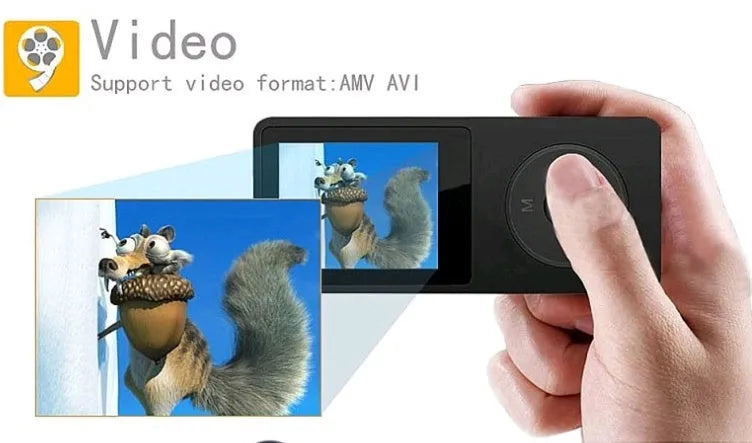 Black 1.8 inch screen MP4 player showing menu on colour display, next to headphones.