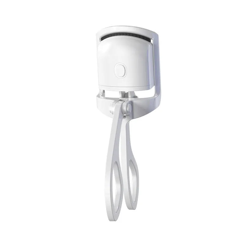White and pink USB rechargeable heated eyelash curler with dual temperature settings.