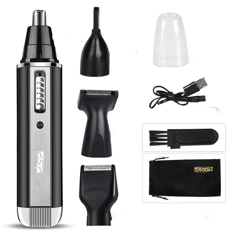 Blue battery-powered electric shaver with main shaving head and a separate nose hair trimmer attachment.