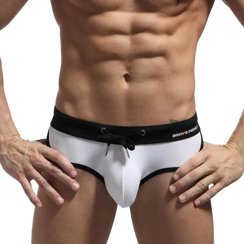 BRAVE PERSON men's swim briefs in Black with breathable nylon fabric and leak-proof construction