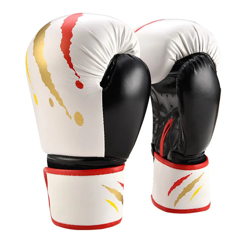Pair of boxing training gloves with latex padding for wrist and palm protection, available in black, red, and white