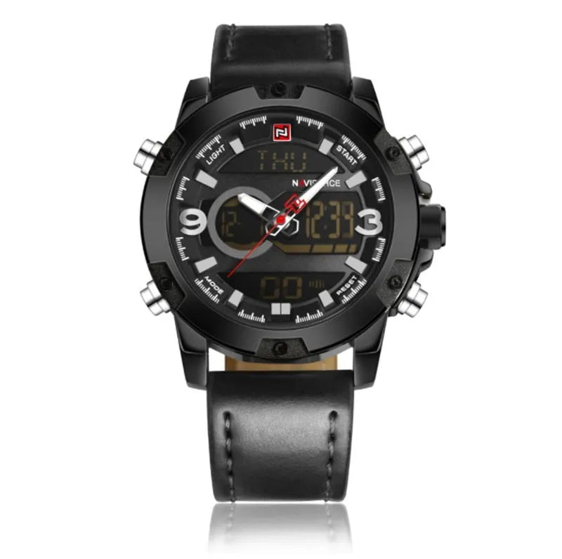 Men's leather digital army military watch with 46.5mm round dial, alloy case, and pin buckle closure