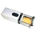 Black electric french fry cutter machine with stainless steel blades on a kitchen countertop.